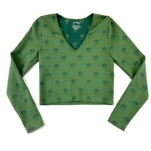 Just Polly mushroom crop top Large green jacquard print long sleeve Vneck Casual